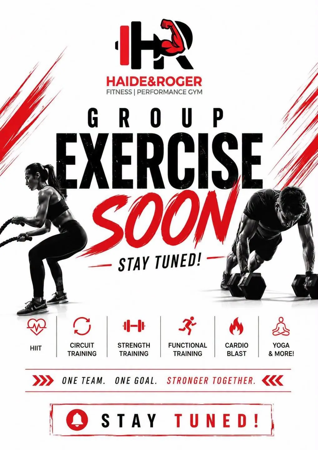 Group Exercise coming soon poster: HIIT, circuit, strength, functional, cardio blast and yoga