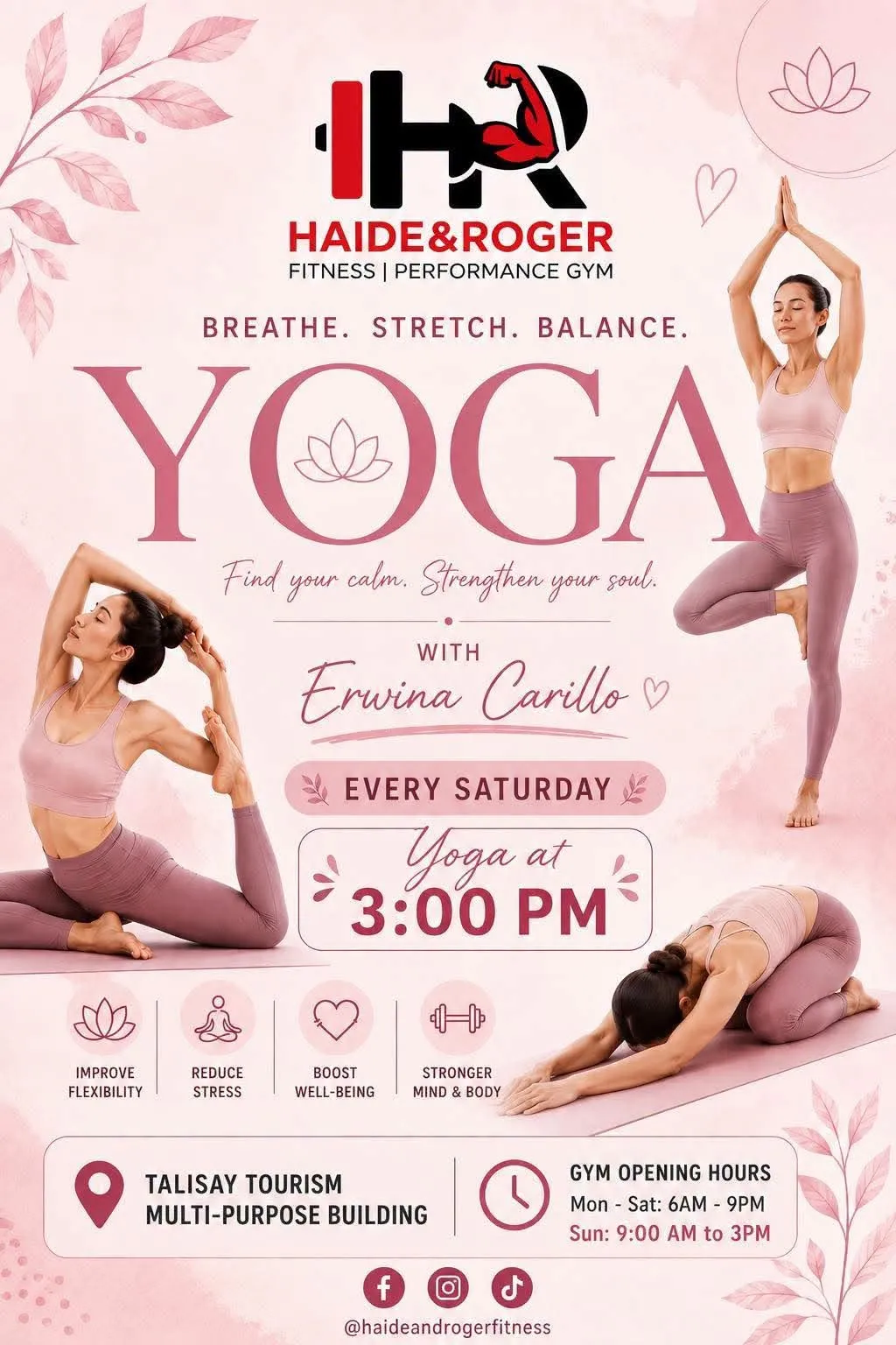 Yoga with Erwina Carillo poster, every Saturday 3:00 PM